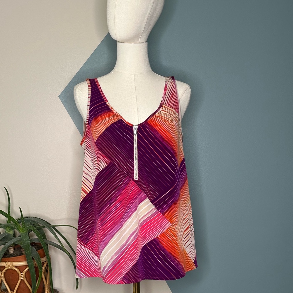 DKNY Jeans Women’s Sleeveless Zip Front Tank Top Multicolor Abstract Print Y2K M - Picture 2 of 11